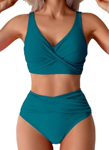 Sangdut Badeanzug Damen Set Push up High Waist Triangel Breites Unterbrustband Mit Cups Zweiteiliger Badeanzug Swimsuits(Pfauengrün,M)