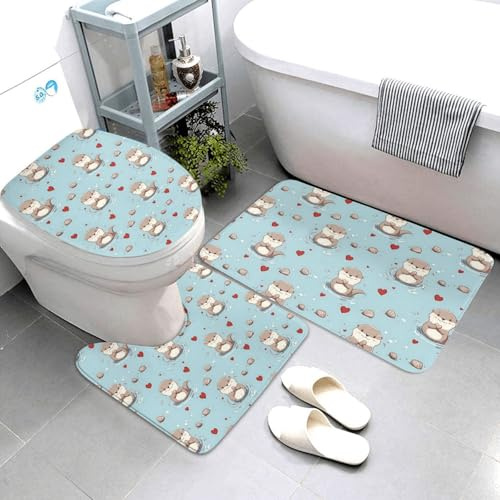 Nevjipu Set di 3 tappeti da bagno con stampa a forma di cuore di castoro, assorbenti e lavabili, a forma di U, morbidi tappetini da doccia per WC e vasca da bagno