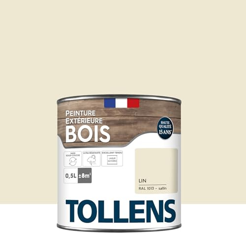 Tollens - Peinture extérieure bois 2 en 1 - Ultra Résistante - Finition Satin - Laque Riche en Résine - Pour Toute Boiserie Extérieure - Sans Sous-Couche - Satin - Lin RAL 1013-0,5L = 8m2