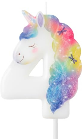 OH YEAH - Vela Número 4 Unicornio para Tartas - 6 cm - Vela Cumpleaños Infantil - Blanca con Melena y Cuerno Multicolor - Decoración Fiesta Unicornio