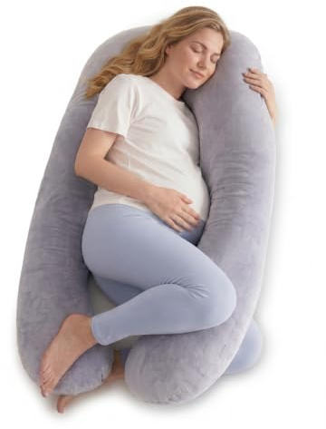 Momcozy U-Lite Schwangerschaftskissen Kristallvelours 130cm Grau | Seitenschläferkissen, abnehmbarer Kristallvelours-Bezug, maschinenwaschbar, platzsparend, 130 cm, OEKO-TEX zertifiziert
