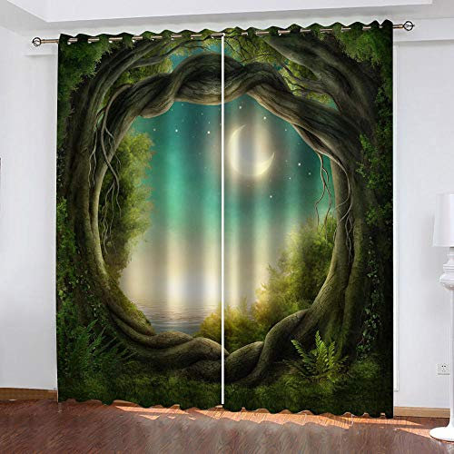 GDYRBY 2Er Set Blickdichte Vorhang Wärmeisolierender Für Schlafzimmer 240X230cm(HxB) 3D Druck Blick Auf Die Alten Bäume Im Dschungel Muster Gardinen Mit Ösen - Junge Mit Mädchen Schlafzimmer Wohnzimm