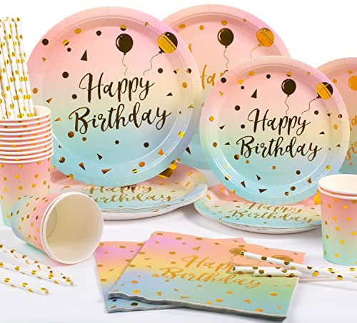 Yidaxing Regenboge Partygeschirr Set, 120pcs Regenbogegold Geburtstag Einweggeschirr, Party Tafeldeko Strohhalme und Servietten für Mädchen Partygeschirr Hochzeit Tafeldeko, 24 Gäste