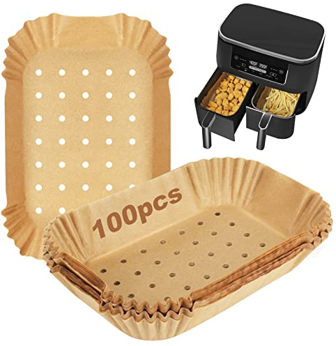 YQL Perforated Air Fryer Liners Sheets Disposable for Ninja Dual (100pcs) | Non Stick Parchment Paper Liners for Ninja AF300UK AF400UK, Air Fryer Accessories Compatible with Ninja,Tower,EMtronics Dual