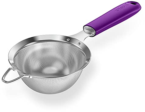 18/8 Stainless Steel Mesh Sieve: U-Taste Kitchen Metal Fine Mesh Sieve Strainer with Riveted Sturdy Silicone Handle and 30 Mesh Hole for Straining Flour, Tea, Coffee, Juice (Purple, 9.9 cm)