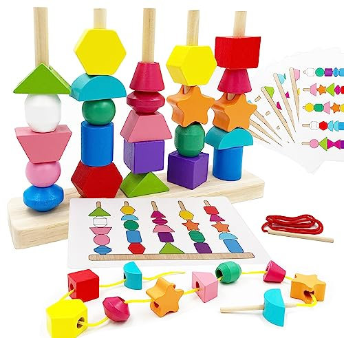 Montessori Toys for 3 4 5 Year Old Boys Girls,Threading Toy Wooden String Lacing Beads Toys Beads Threading Game,Learning Educational Toys games gifts for 1 2 3 Years old boy girl Kids and Toddlers