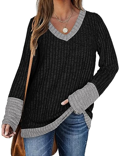 DUOEASE Felpa Nera Donna Scollo a V Elegante Leggeri Maglione Donna Maniche Lunghe Top Donna Autunno e Inverno GNero-XL