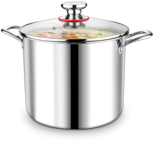 P&P CHEF 10 Quart Tri-Ply Stainless Steel Stockpot, Stock Pot with Visible Lid for Soup Pasta Vegetable, Induction Cooking Pot for All Stoves, Sturdy & Double Handle, Dishwasher Safe