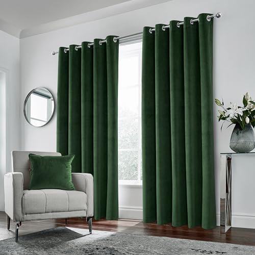 Enhanced Living Hampton Premium Velvet Green Blackout Curtains for Bedroom - 90x90 inch (229x229 cm) Supersoft Eyelet Curtains for Living Room - 2 x Curtain Panels