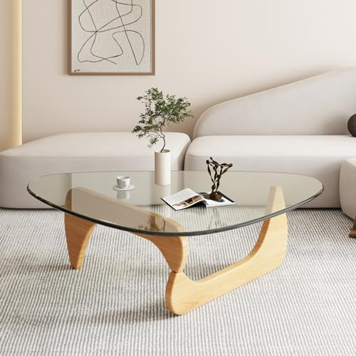 PRITIY Table Basse Ronde, Table de Salon en Verre Trempé et Bois Massif, Style Moderne, 82 × 57 ×40cm, Wood + Transparent