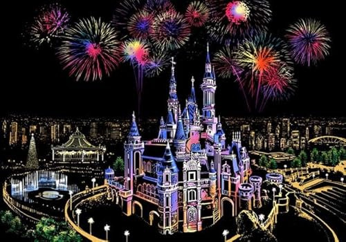 Figured'Art Pittura per grattare formato A3 (29,7 x 42 cm) – Castello magico – Kit completo di raschietto dipinto con carta da grattare