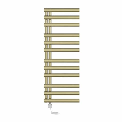 NRG Prefilled Designer Electric Heated Towel Rail Radiator Brushed Brass Thermostatic Bathroom Warmer with Touch Screen Display 1200x450mm - 600 Watt