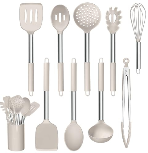 Homikit 10 Stück Küchenhelfer Set, Silikon Küchenutensilien Kochbesteck mit Edelstahlgriff, Antihaft Kochutensilien Set mit Utensilienhalter - Khaki