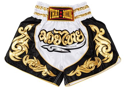 MUAY NATION Shorts de Boxe Thaï pour Hommes et Femmes, Shorts de Muay Thai, vêtements d'entraînement, Short d'arts Martiaux (FR/ES, Alpha/Lettres, L, Taille Normale, Taille Normale, Blanc)