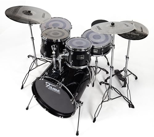 Fame Drum Kit 22, Komplettset mit 22 BassDrum, Schwarz, Chrom-Hardware, inklusive Becken und Zubehör, Perfektes Schlagzeug-Set für Drummer