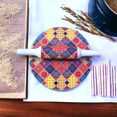 Samyuktha Traditional Indian Printed Design Handicrafts Marble chakla Belan Set (Wooden Belan) / Rolling Pin and Marble Board/Roti Maker