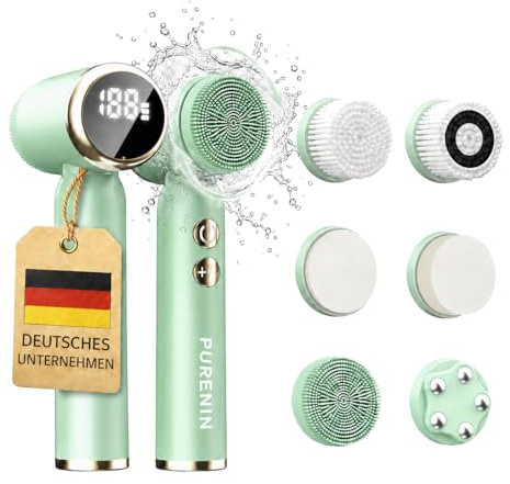 PURENIN - 6in1 Set - Elektrische Gesichtsreinigungsbürste, auch für unterwegs, 360 Grad Rotation des Bürstenkopfes, wasserdicht nach IPX6, elektrischer Gesichtsreiniger (Grün)