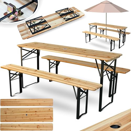 holz4home® Bierzeltgarnitur 3-teilig aus Holz I Tisch & 2 Bänke I Festzeltgarnitur mit Schirmhalterung I 167x46x75 cm Gartenmöbel Bierbank lackiert Sitzgarnitur klassisch