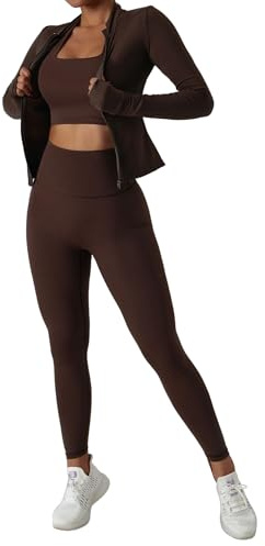 Set da allenamento da donna, 3 pezzi, reggiseno sportivo, leggings e giacca con fori per i pollici, per yoga, palestra, corsa, allenamento, Marrone, 3 pezzi, Small