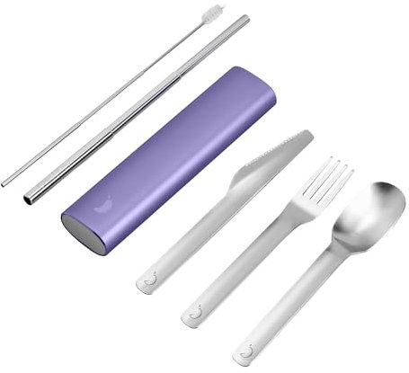 Chilly's Couverts - Ustensiles en acier inoxydable avec étui de voyage en aluminium - Couteau, fourchette, cuillère et paille - Lavande