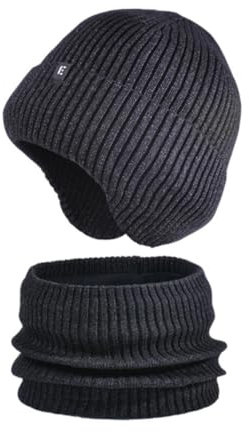 kosopse Damenmütze Mit Bommel Unisex, warme Strickmütze und Rundschal, Innenfutter, Schal für kaltes Wetter, Mützen-Set, Skimütze, Thermo-Nackenwärmer für Damen und Herren Damen (Dark Gray, One Size)
