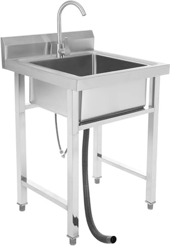 TESUGN Edelstahl Spültisch 1 Becken Küchenspüle Einzelspüle Multifunktions Spüle mit Heißem und Kaltem Wasserhahn, Freistehendes Waschbecken für Garage, Werkstatt, Waschküche, Camping, 93 x 60 x 60cm