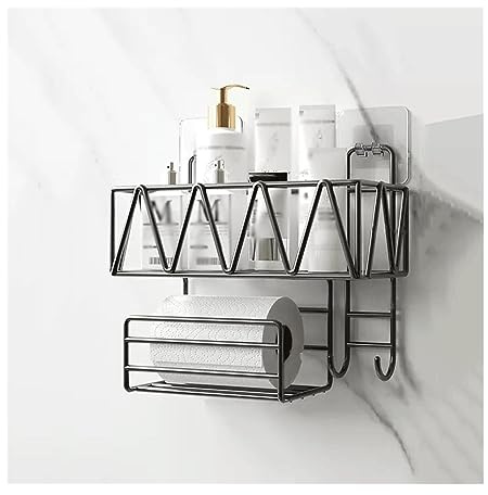 Wall Mounted Bathroom Shelf Toilet Wall Storage Rack Washstand Double Layer Cosmetic Storage Rack with Tissue Holder and Hook Wall Mounted Metal Storage Rack Without Punching Bath Shelf(Black)