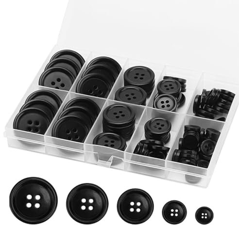 100 Stück Knöpfe Schwarz, 4 Loch Knöpfe, 25/20/15/12.5/10 mm Buttons Knopf, Runde Hemdknöpfe, Bastelknöpfe aus Kunstharz, Gemischte Knopfkopf, für Nähknöpfe Kleider Nähen DIY Handwerk Deko