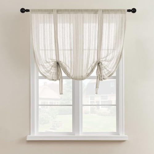 Lsimeru Gestreift Leinen Gardinen Raffrollos Landhaus für Fenster Halbtransparent Raffgardinen Bändchenrollo Scheibengardinen Bistrogardine Rollos Kurz Vorhang Wohnzimmer Küche 140x80