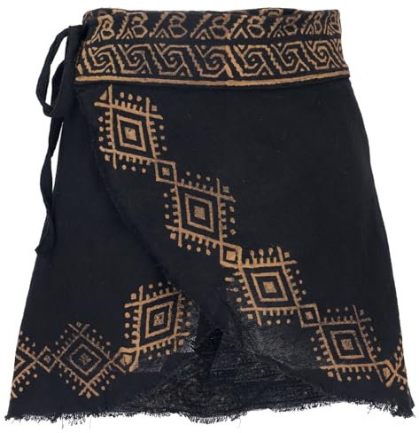 GURU SHOP Natürlicher Goa Minirock, Bedruckter Ethno Wickelrock - Schwarz, Damen, Size:M