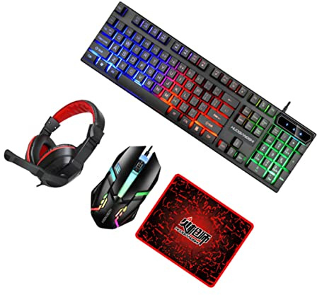FELTECHELECTR Ensemble Clavier-Souris de Jeu avec Casque et Tapis de Souris RGB Ergonomique Rétroéclairé pour Jeux et Bureau Compatibilité Noir
