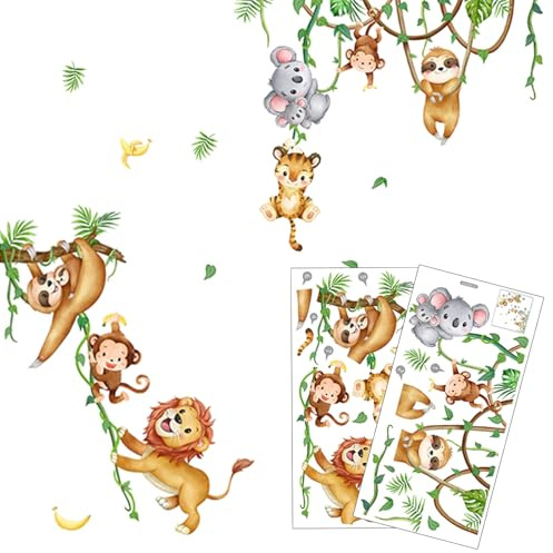 Vxcbad Dschungel Tier Wandtattoo Set mit Reben Blättern,Wandsticker Kinderzimmer,Löwe Affen Tierische Wandaufkleber für Kinderzimmer Schlafzimmer Abnehmbare Waldtiere Wanddekoration