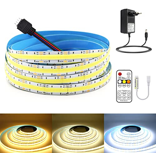 Arotelicht Tira LED COB de 24 V CCT, color blanco, 2700 K-6500 K, 5 m, tira LED COB regulable, IP20, con fuente de alimentación y controlador RF, para debajo del armario, dormitorio, cocina, hogar
