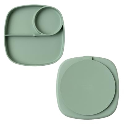 muchmellow - Piatto in Silicone MADE IN ITALY per Svezzamento con 3 Scomparti Divisori e Ventosa Anticaduta, Plastic Free, BPA Free, Lavabile Lavastoviglie (Verde)