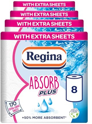 Regina Absorb Plus Kitchen Towels – 8 Super Absorbent 2-ply Kitchen Rolls, 85 Sheets Per Roll, Extra-Large Sheets, 50 Percent More Absorbent Than Previous XXL Products, Easy Open Pack