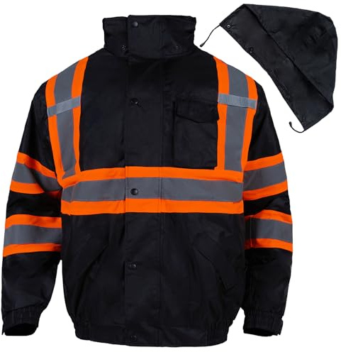 FONIRRA Mens High Visibility Jacket Waterproof Reflective with Hood Hi Vis Winter Jacket Safety Work Construction Coats Black