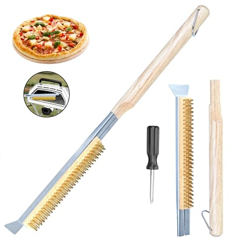 Cepillo para Piedra para Pizza y Horno de Pizza con rascador de Acero Inoxidable, cerdas de latón, Mango de Madera (Ojal Colgante), Escoba para Horno de Pizza, Escoba para Barbacoa, Cepillo para