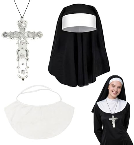 FUIPVGI 3-teiliges Halloween-Nonnen-Kostüm für Damen, inklusive schwarzer Nonnen-Kopfbedeckung, Kreuzhalskette, Halsband-Zubehör, Nonnen-Kostüme für Halloween, Cosplay-Zubehör