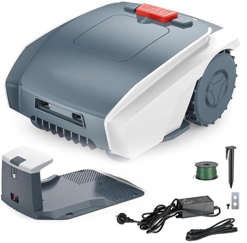 Robot tondeuse à gazon pour 1/4 acre avec fil de délimitation, 18 V 4,4 Ah, tondeuse automatique sans fil, GPS, tonte parallèle, pente de 25 %, contrôle Bluetooth WiFi, faible bruit, gris