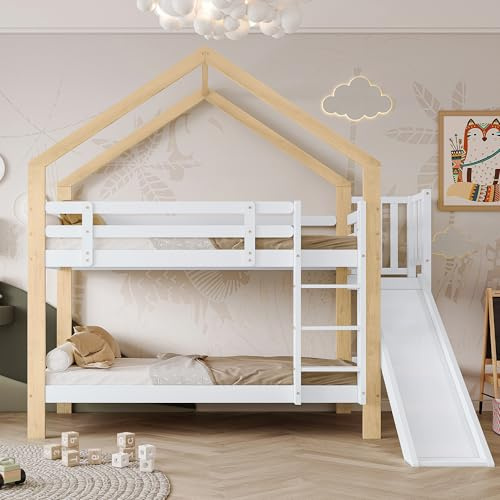 ZONJIE Hochbett mit Rutsche, Etagenbett für 2 Kinder, 90 x 200 cm, Holz-Kinderbett mit Rausfallschutz, Holzlattenrost, 3-stufige Leiter, Weiß + Natur