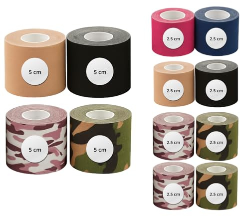 Kinesiologie-Tape – Set mit 12 Bändern für Sport & Gesicht | 2,5 & 5 cm | Elastisch & Wasserdicht | Camouflage & Uni-Farben | Atmungsaktiv, Hypoallergen