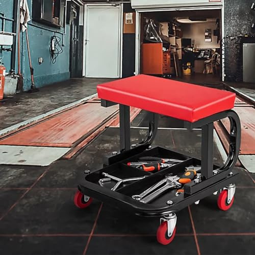 Mechanic Rolling Creeper Seat with Padded Cushion & Storage Shelf – Garage Workshop Trolley Stool for Auto Detailing, Servicing, DIY Projects