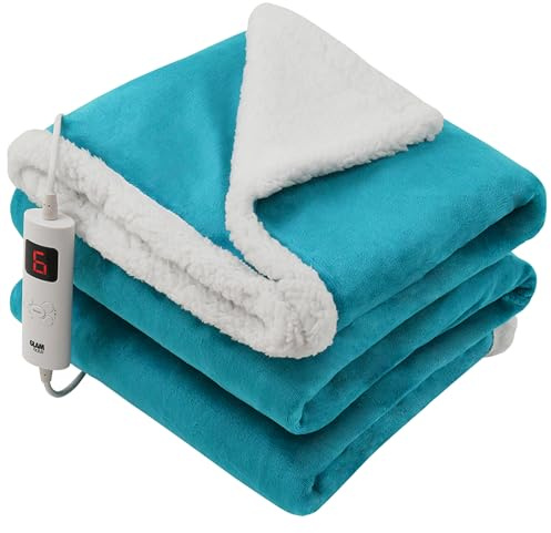 GlamHaus Luxury Electric Heated Throw, Large Reversible Fleece Over Blanket for Sofa or Bed, 160 x 130cm, Heat And Timer Setting, Auto Shut Off, Digital Controller, Machine Washable (Cyan Blue)