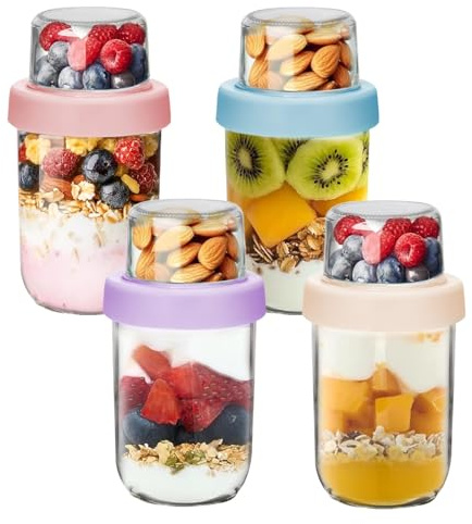 WEELOO Overnight Oats Jars with Lids, 100ML+500ML Dual-Layer Breakfast Pots | Glass Overnight Oat Container for Dry-Wet Separation, Mason Jar Yogurt Pot for Nuts Jelly Salad Grains Fruits (4)