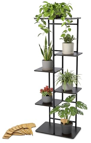 Spetebo Växtstativ i metall, svart med 5 nivåer av trä – 106 x 35 cm – blomhylla för inomhus inklusive 10 bambuväxtskyltar – blomställ, växthylla, dekorativ hylla för upp till 7 växter