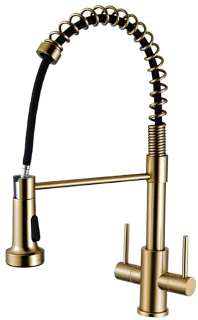 Spring Kitchen Tap Mixer with Pull Out Sprayer Swivel Spout, Dual Lever Stainless Steel, Two Function Spray Head, High Arc - Brushed Gold Kitchen Sink Faucet Easy Fit