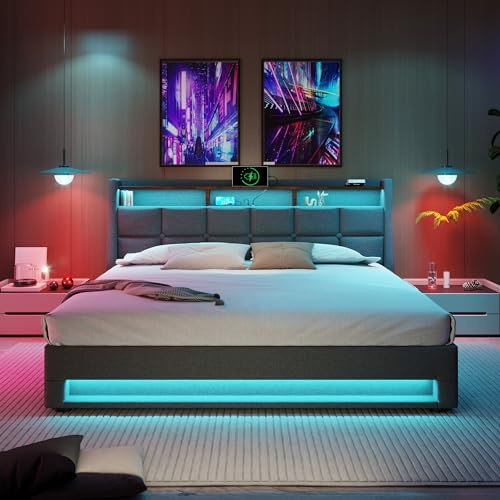 vutizal Cama tapizada de 180 x 200 LED para cama doble con función USB, estructura de cama en diseño moderno, cama juvenil con somier ergonómico, cama de invitados XXL en gris para habitaciones