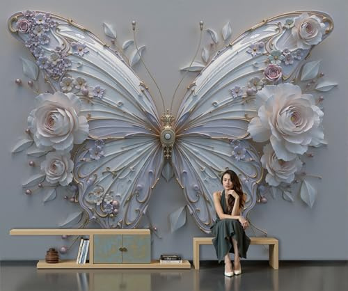 Fototapete Prunkvolle Reliefdekoration 200x140cm Seide Tapeten XXL Moderne 3D-Schmetterlinge Blumen Wandtapete Hochwertige Wandbild Wanddeko mit feiner Struktur für Schlafzimmer Wohnzimmer Flur, Grau