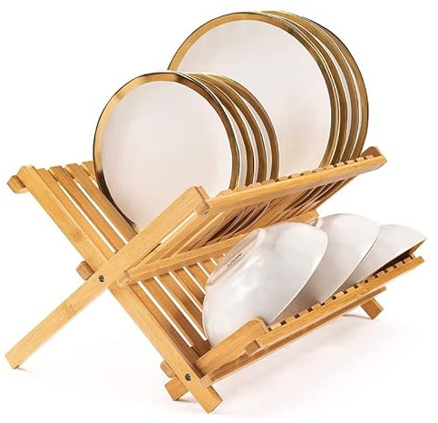 GOTOTOP Dish Rack, 2Tier Cross Dish Drainers,Foldable Dish Drying Rack Natural Plate Rack Drainer Draining Board Wooden Bowl Plate Cutlery Dryer Draining Rack Holder for Home Kitchen