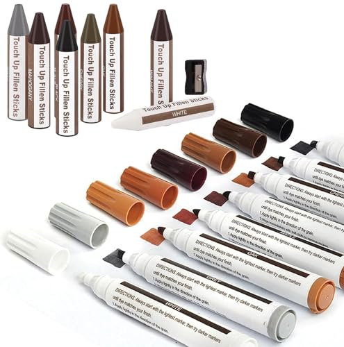 Möbelmarker zum Ausbessern – 17-teiliges Möbelreparatur-Set, 8 Farben, Holzmarker und Wachsstifte mit Spitzer-Set, für Flecken, Kratzer, Holzböden, Flecken, Tische, Schreibtische und Abdeckungen